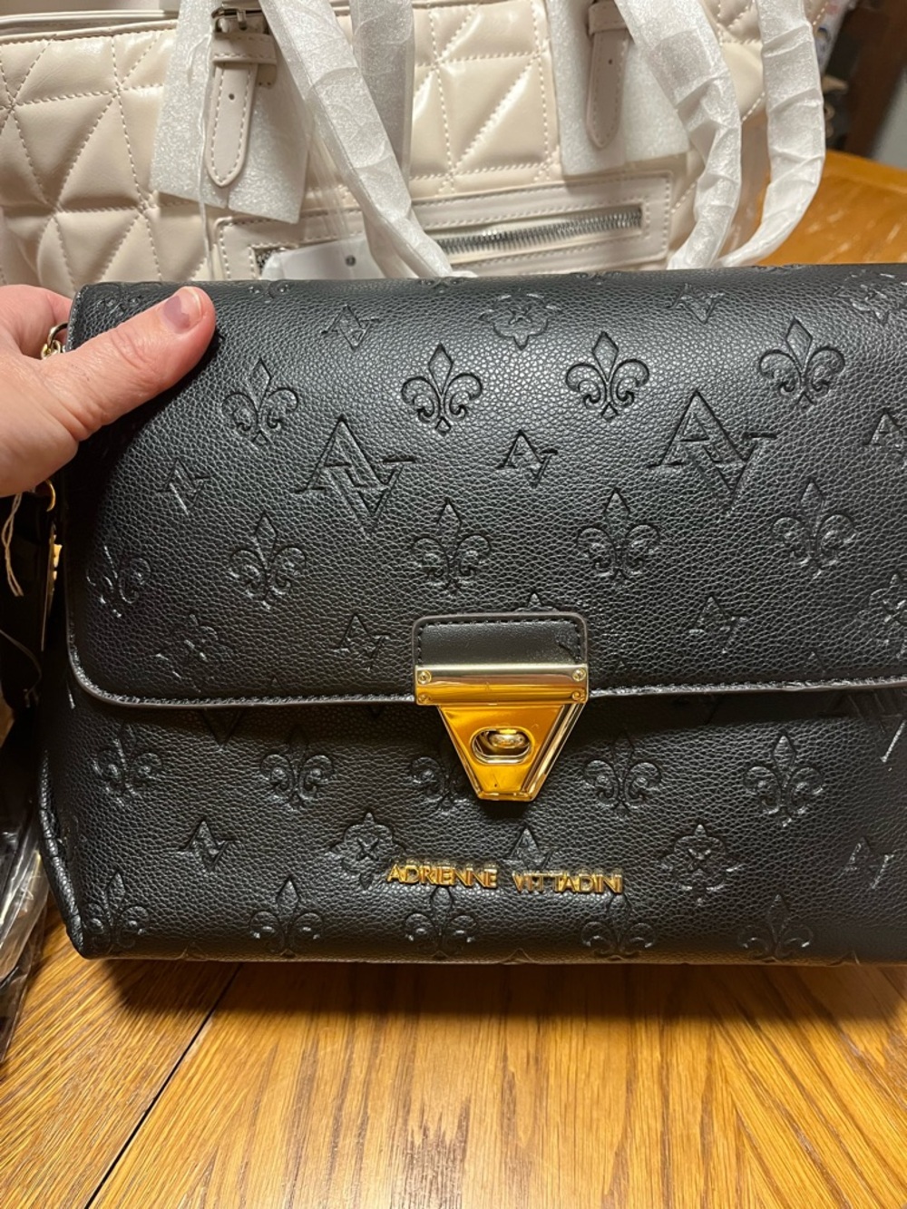 Adrienne Vittadini Black Embossed Leather Shoulder Bag with Gold Hardware